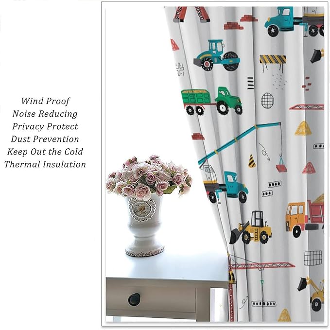 Construction Window Curtains, Kids Cartoon Construction Machines Building Hand Drawn Doodle Rod Pocket Decorative Windows Curtain for Children Teens Room Decor 55x63in (30% Blackout)