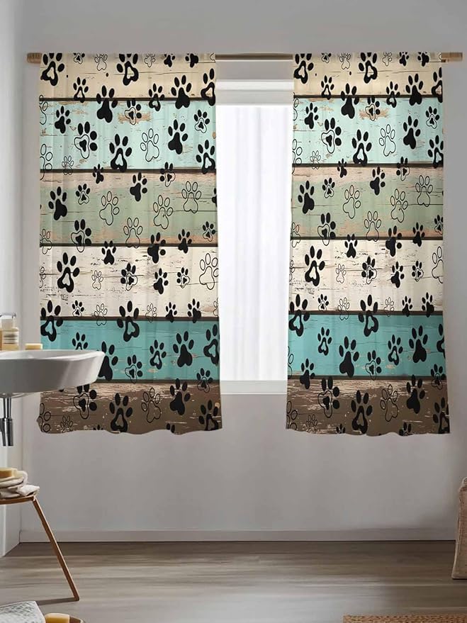 Sheer Curtains 63 Inch Length, Sage Green Brown Paw Prints Semi Sheer Curtains Light Filtering Window Treatment, Vintage Farmhouse Wooden Grain Privacy Voile Drapes for Living Room Bedroom 52x63 Inch