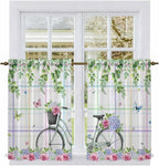 Spring Kitchen Curtains, Bicycles Botanical Leaves Rose Colorful Stripes Light Filtering Window Curtain Panels, 2Pcs Rod Pocket Window Treatments Set for Study Room Bathroom Bedroom 52x54 Inches