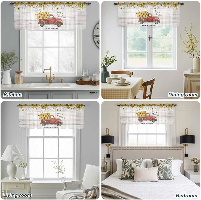 Farmhouses Sunflowers Sheer Valance Curtains, Retro Floral Leaves Red Truck Wood Grain Light Filtering Kitchen Valances Rod Pocket Voile Curtain Treatment for Bedroom/Living Room/Basement 54Wx18L