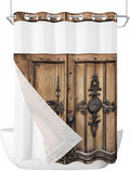 Wood Barn Door No Hook Shower Curtain with Snap in Liner Set, Waterproof Shower Curtains for Bathroom, Wooden Plank Fabric Shower Curtain, See Through Mesh Top Window, 48" W x 72" L