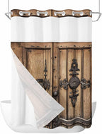 Wood Barn Door No Hook Shower Curtain with Snap in Liner Set, Waterproof Shower Curtains for Bathroom, Wooden Plank Fabric Shower Curtain, See Through Mesh Top Window, 48" W x 72" L