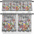 Spring Flowers Kitchen Curtain Set, Farmhouse Black Plaid Wood Grain Window Valance and Tiers 36" Length, Light Filtering Short Curtains Valance for Cafe Bathroom Bedroom 54"x18"
