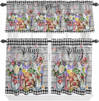 Spring Flowers Kitchen Curtain Set, Farmhouse Black Plaid Wood Grain Window Valance and Tiers 36" Length, Light Filtering Short Curtains Valance for Cafe Bathroom Bedroom 54"x18"
