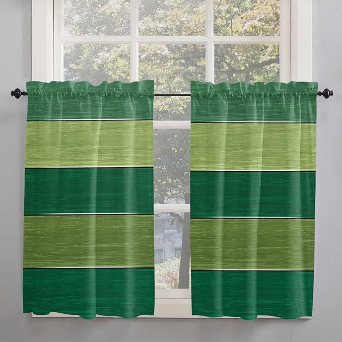 Farm Retro Green Wood Grain Window Valance Curtains, Rustic Wooden Plank Texture Light Filtering Kitchen Valance with 3-inch Rod Pocket for Living Room Bathroom Bedroom,2 Panel,52x54In