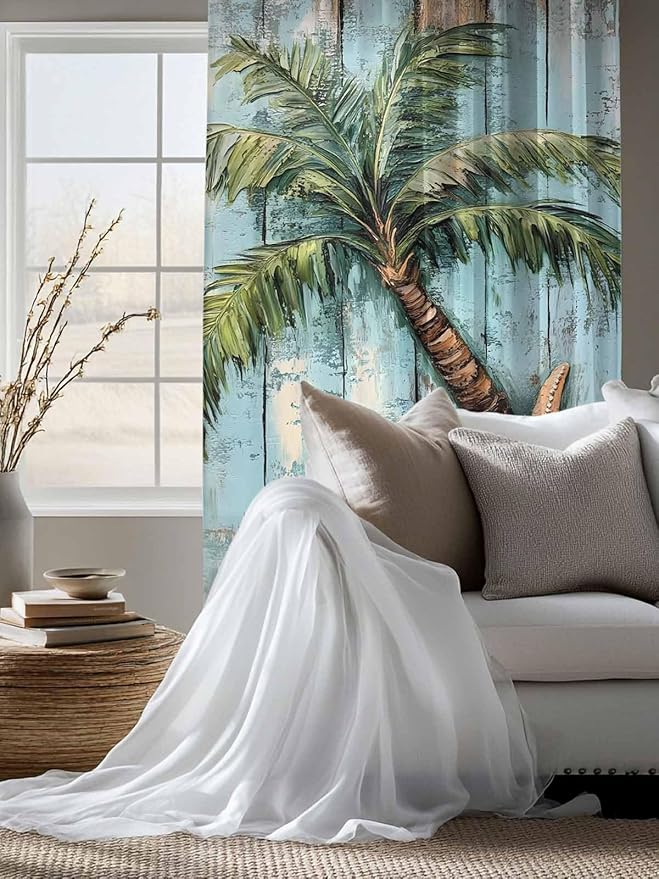 Sheer Curtains 72 Inches Long, Coastal Blue Green Tree Semi Sheer Curtains Light Filtering Window Treatment, Beach Tropical Vintage Wood Grain Privacy Voile Drapes for Living Room Bedroom 52x72 Inch