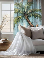 Sheer Curtains 63 Inch Length, Coastal Blue Green Tree Semi Sheer Curtains Light Filtering Window Treatment, Beach Tropical Vintage Wood Grain Privacy Voile Drapes for Living Room Bedroom 52x63 Inch