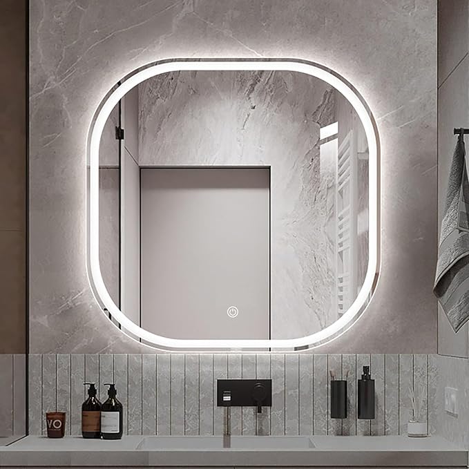JSLJDM 500X500 mm Illuminated Backlit LED Bathroom Mirror, Wall Mounted Multifunction Bathroom Vanity Mirror with Lights and Demister Pad, Energy-Saving Illuminated Smart Mirror 70cm tricolorlight