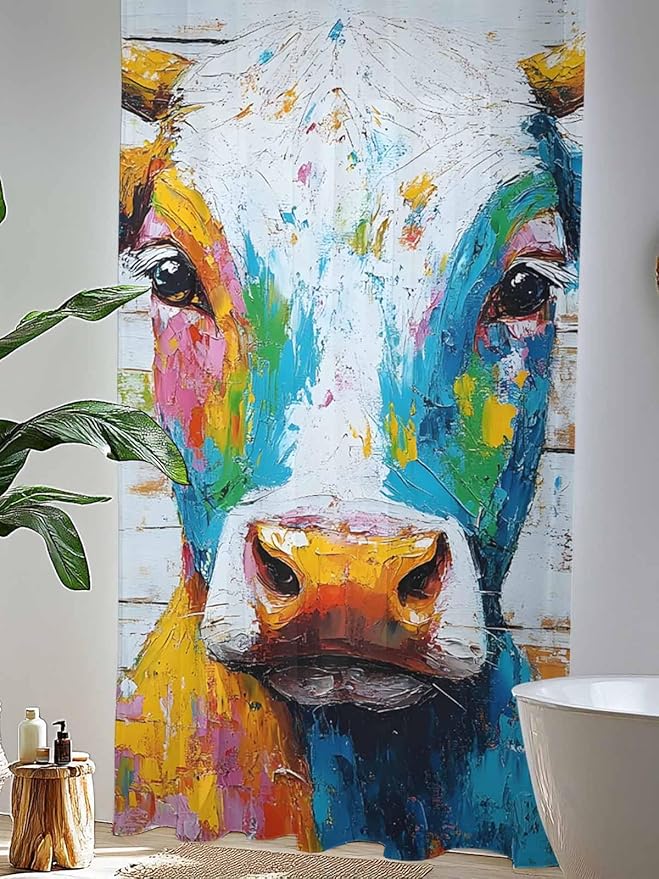 Sheer Curtains 84 Inches Long, Funny Colorful Cow Semi Sheer Curtains Light Filtering Window Treatment, Retro Rustic Oil Painting Wood Grain Privacy Voile Drapes for Living Room Bedroom 52x84 Inch