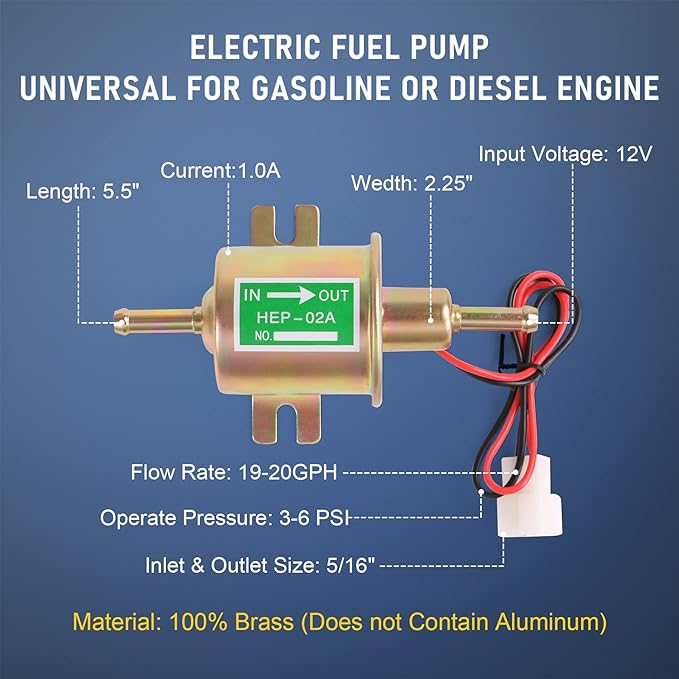 Universal Electric Fuel Pump Kit 12v 3-6 PSI Low Pressure with Fuel Filter 6.56 FT 5/16" ID Fuel Line Replacement For Carburetor Lawn Mower Gas Diesel Fuel Transfer Pump