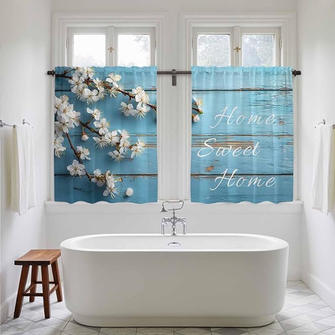 Farmhouse Wooden Grain Kitchen Curtains, Vintage Shabby Chic Flower Blue Light Filtering Window Curtain Panels, 2Pcs Rod Pocket Window Treatments Set for Cabin Bathroom Bedroom 52x45 Inches