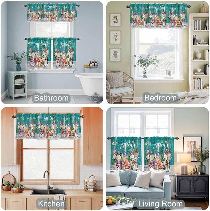 Spring Flowers Kitchen Curtain Set, Farmhouse Watercolor Teal Wood Grain Window Valance and Tiers 24" Length, Light Filtering Short Curtains Valance for Cafe Bathroom Bedroom 54"x18"