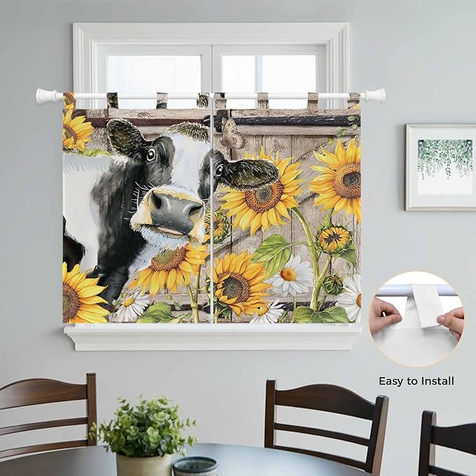 Retro Farmhouse Flower Bedroom Curtains 63 Inch Length, Window Curtains Tab Top, Yellow Sunflowers Cow Barn Doors Brown Light Filtering Window Treatments Drapes 42"x63" 2 Panel