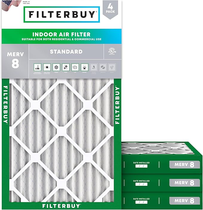 Filterbuy 12x20x2 Air Filter MERV 8 Essential Dust & Allergy Defense (4-Pack), Electrostatic Pleated HVAC AC Furnace Filters Replacement, Made in USA (Actual Size: 11.50 x 19.50 x 1.75)