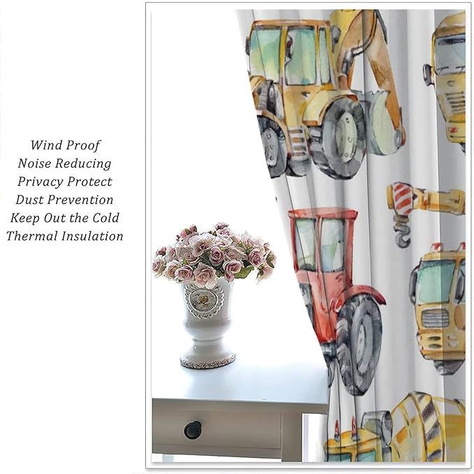 Kids Excavator Curtains, Retro Truck Tractor Machinery Construction Vehicle Crane Digger Mixer Rod Pocket Decorative Windows Curtain for Teens Girls Boys Room 42x54in (30% Blackout)