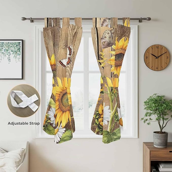 Farmhouse Sunflowers Bathroom Curtains 63 Inch Length, Window Curtains Tab Top, Rustic Floral Buttterfly Wood Board Brown Light Filtering Window Treatments Drapes 52"x63" 2 Panel