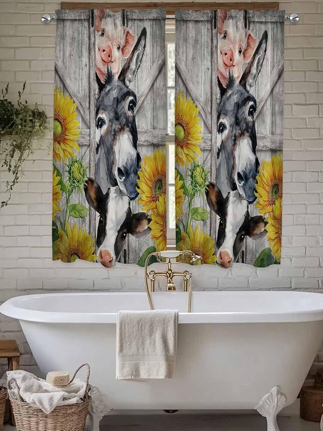 Farmhouse Living Room Curtains 72 Inches length, Vintage Sunflowers Animals Printed Wood Grain Window Treatment Curtain Drapes, Light Filtering Drapes for Bedroom Laundry Room, 52"x72", 2 Panels
