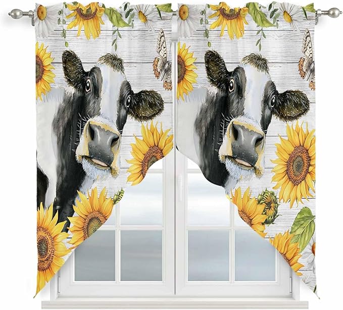 Retro Farmhouse Floral Swag Valances for Windows, Yellow Sunflowers Cows Butterfly Wood Rod Pocket Kitchen Curtains Valance, Small Window Curtains Swag for Cafe Living Room, 2 Panels, 28x36 inch
