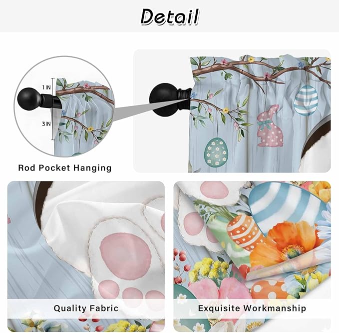 Easter Window Curtains 63 Inch Long 2 Panel Set, Rod Pocket Bedroom Curtains & Drapes, Spring Watercolor Bunny Eggs Flower Wood Grain Blue Light Filtering Window Treatment for Living Room 42"W x 63"L