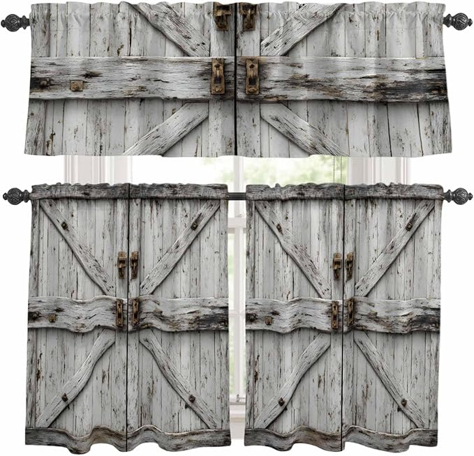 Kitchen Curtains Tiers and Valance Set of 3, Vintage Gate Light Filtering Window Curtain Set, Farmhouse Wooden Grain Shabby Chic Door Rod Pocket Curtain Drapes for Cafe, Living Room, 36 Inches Tiers