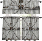 Kitchen Curtains Tiers and Valance Set of 3, Vintage Gate Light Filtering Window Curtain Set, Farmhouse Wooden Grain Shabby Chic Door Rod Pocket Curtain Drapes for Cafe, Living Room, 24 Inches Tiers