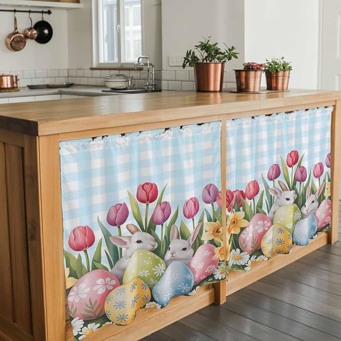 Easter Kitchen Tier Curtains 36 Inch Long 2 Panel Set,Rod Pocket Half Window Curtains Over Sink,Spring Bunny Colorful Eggs Tulip Flowers Blue Check Light Filtering Short Drapes Cafe 27.5"W x 36"L