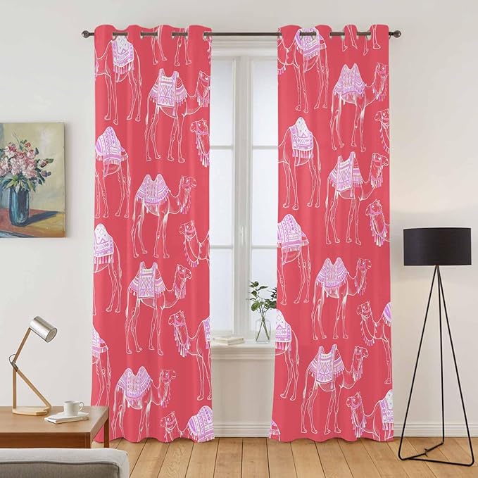 2 Panel Kitchen Cafe Curtains, Desert Camel Sunlight Filtering Nature Air Through, Home Decor Window Covering Tier Curtains for Living Room 104W x 96L inch Summer Sand Camel Animal Vintage Pink