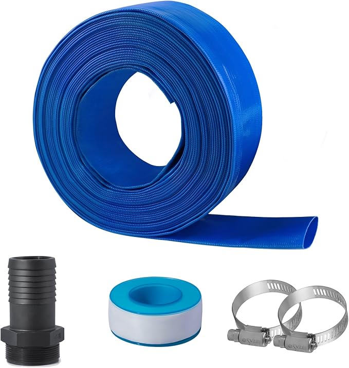 Eastrans 1 1/2 in x 100 ft Pool Backwash Hose Kit with Male NPT Adapter,Heavy Duty Discharge Pump Hose for Swimming Pool,Reinforced Pool Drain Hose with 2 Clamps and Thread Seal Tape,6 Bar