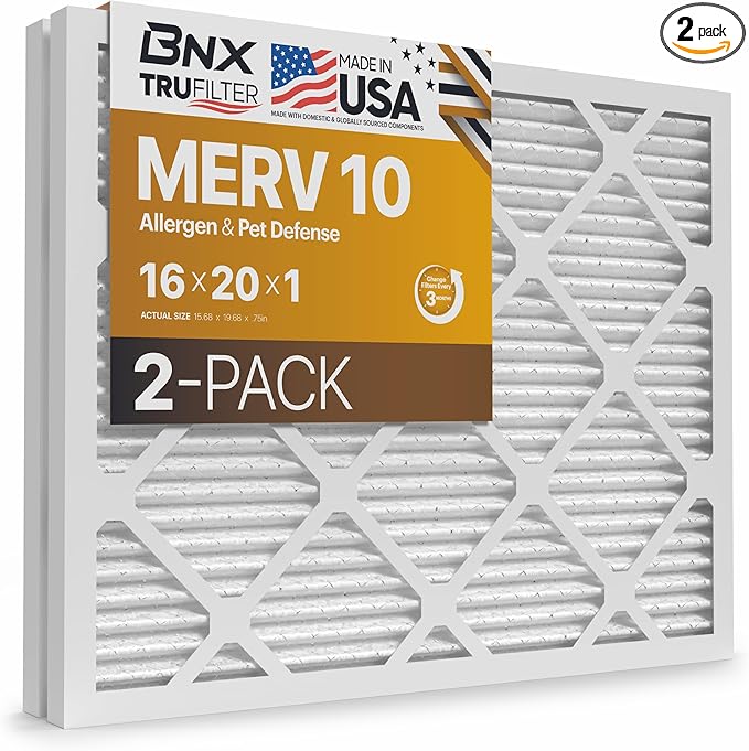 BNX TruFilter 16x20x1 MERV 10 (2-Pack) AC Furnace Air Filter - MADE IN USA - Pleated Air Conditioner HVAC AC Furnace Filters - Removes Odor, Mold, Bacteria, Smoke