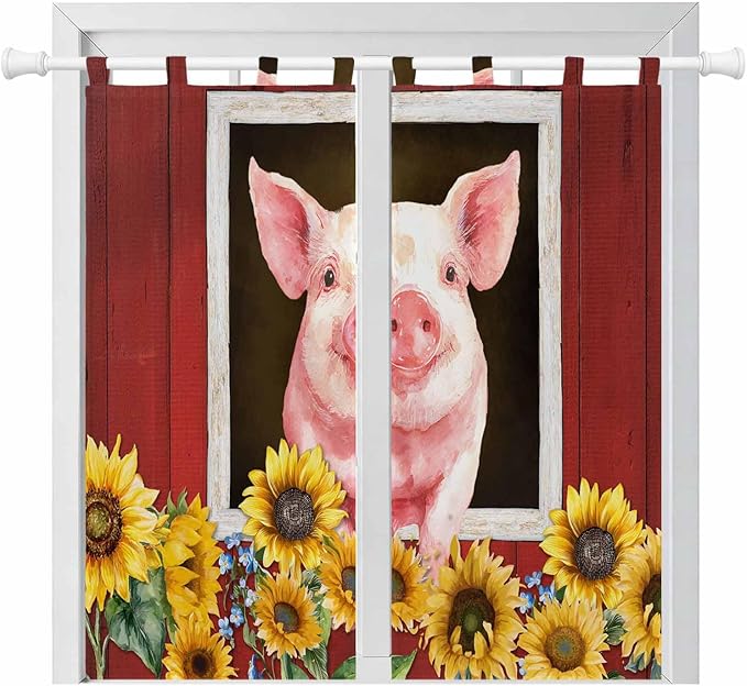 Pigs Sunflowers Living Room Curtains 84 Inch Length, Window Curtains Tab Top, Farmhouse Red Barn Flowers Animals Light Filtering Window Treatments Drapes 42"x84" 2 Panel
