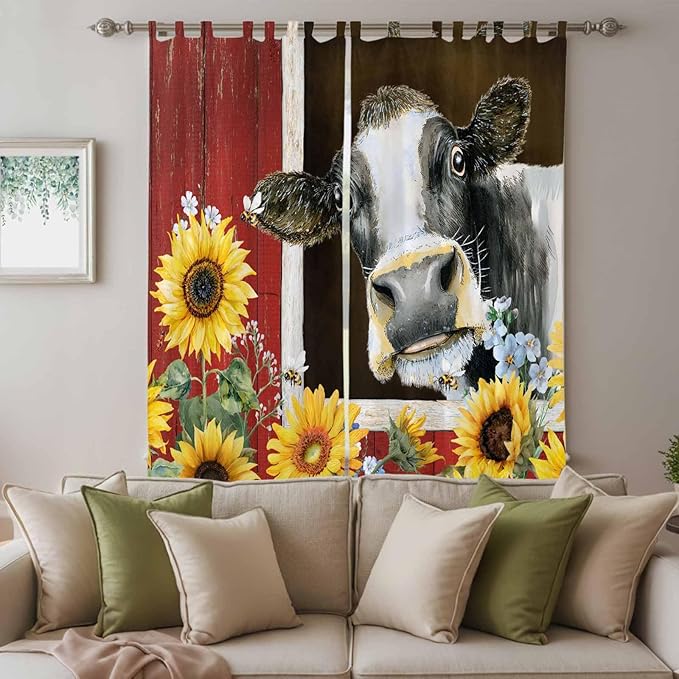 Cows Sunflowers Living Room Curtains 84 Inch Length, Window Curtains Tab Top, Rustic Farms Barns Flowers Bees Animals Light Filtering Window Treatments Drapes 52"x84" 2 Panel