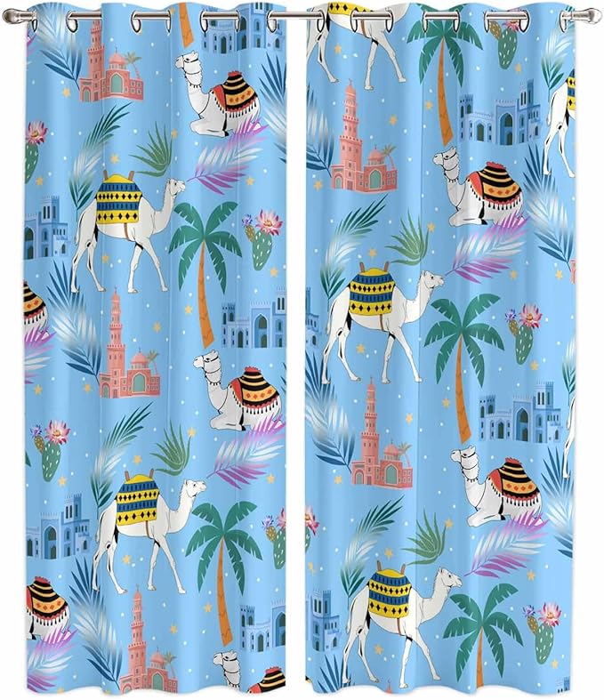2 Panel Kitchen Cafe Curtains, Desert Landscape Sunlight Filtering Nature Air Through, Window Decor Tier Curtains for Living Room 104W x 96L inch Cute Camels Palm Trees Houses Leaves Blue