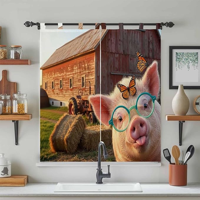 Farm Pig Bathroom Curtains 63 Inch Length, Window Curtains Tab Top, Farmhouse Barn Funny Animals Butterfly Light Filtering Window Treatments Drapes 52"x63" 2 Panel
