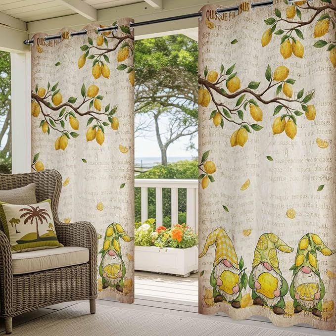 Summer Gnome Outdoor Curtains for Patio Gnome Lemon Leaf Vintage Waterproof Outside Curtains with Grommet Top Weatherproof Curtain for Cabana Pergola Gazebo, 2 Pack, 54" W x 95" L