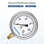 MEASUREMAN Glycerin Filled Plumbing Pressure Gauge 0-15psi Stainless Steel Case, 4" Dial 1/4" NPT Brass Lower Mount, Suitable for Water Systems, Pneumatic Equipment, RVs, Home Plumbing