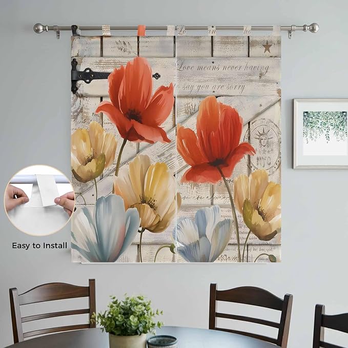 Retro Floral Bedroom Curtains 72 Inch Length, Window Curtains Tab Top, Red Yellow Tulips Barm Doors Farmhouse Wooden Light Filtering Window Treatments Drapes 52"x72" 2 Panel