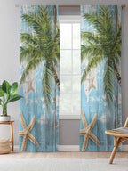 Sheer Curtains 84 Inches Long, Coastal Beach Blue Semi Sheer Curtains Light Filtering Window Treatment, Tropical Coconut Tree Vintage Wood Grain Privacy Voile Drapes for Living Room Bedroom 52x84 Inch