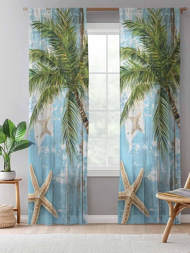 Sheer Curtains 108 Inches Long, Coastal Beach Blue Semi Sheer Curtains Light Filtering Window Treatment, Tropical Coconut Tree Vintage Wood Grain Privacy Voile Drapes for Living Room 52x108 Inch