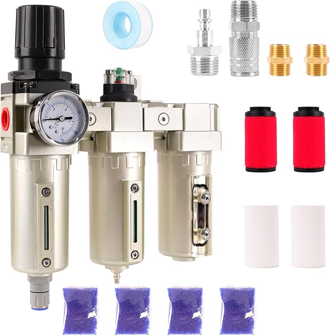 3/4" NPT Industrial Grade 3 Stage Air Compressor Drying System, 0-240 PSI, Particulate & Coalescing Filters, Auto Drain Air Compressor Water Separator System Filter Oil for Paint Spray＆ Plasma Cutter