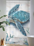 Sheer Curtains 96 Inches Long, Teal Green Sea Turtle Semi Sheer Curtains Light Filtering Window Treatment, Summer Ocean Seaweed Wood Grain Privacy Voile Drapes for Living Room Bedroom 52x96 Inch