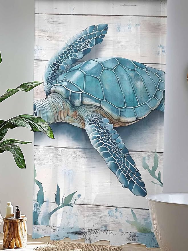 Sheer Curtains 96 Inches Long, Teal Green Sea Turtle Semi Sheer Curtains Light Filtering Window Treatment, Summer Ocean Seaweed Wood Grain Privacy Voile Drapes for Living Room Bedroom 52x96 Inch
