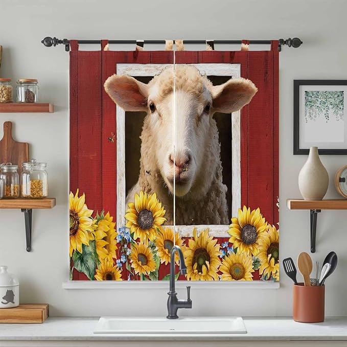 Sheep Sunflower Living Room Curtains 84 Inch Length, Window Curtains Tab Top, Country Red Farm Barn Spring Flowers Light Filtering Window Treatments Drapes 42"x84" 2 Panel