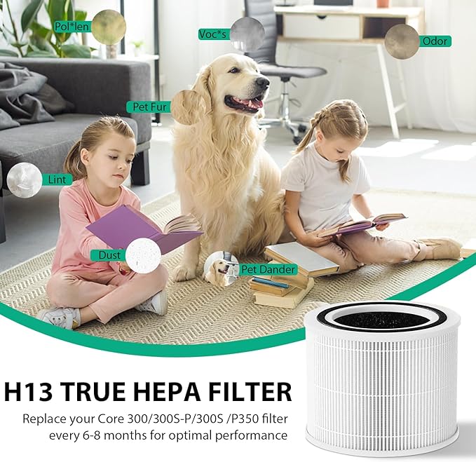Core 300 Replacement Filter for LEVOIT Core 300,Core 300S,Core P350,Core300-P, Core 300 Replacement Filter,3-in-1 H13 True HEPA & Activated Carbon Filter, Core 300-RF,2 Pack