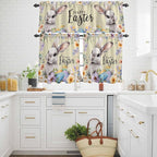 Happy Easter Kitchen Curtains Set 3 Piece for Windows,Rod Pocket Valance and Tier Set 24 Inch Length,Spring Grey Bunny Colorful Eggs Flower Brown Light Filtering Cafe Curtains for Living Room