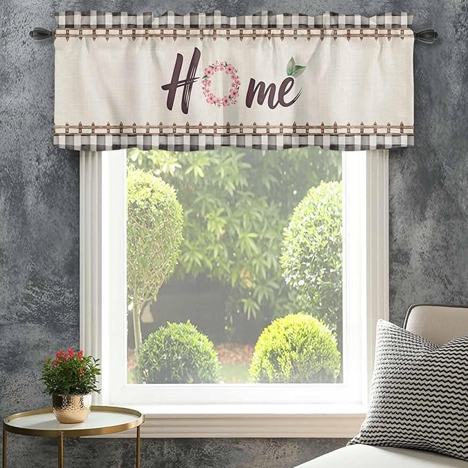 Spring Flowers Curtain Valances for Windows, Kitchen Valance Window Treatment, Vintage Watercolor Black Plaid on Linen Light Filtering Block Curtains for Bathroom/Bedroom/Living Room 54'' x 18''