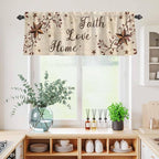 Kitchen Curtains Tiers and Valance Set of 3, Brown Farmhouse Light Filtering Window Curtain Set, Retro Country Stars Rustic Branches Berry Rod Pocket Curtain Drapes for Living Room, 24 Inches Tiers