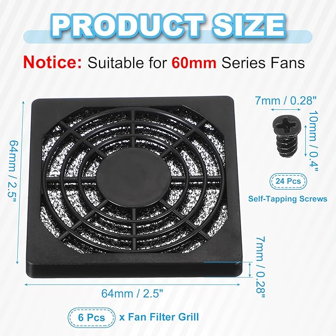 PATIKIL 60mm Fan Filter Grill, 6 Pcs Plastic Ventilation Dustproof Grill Covers Cooling Ventilator with Screws for Industry Workshop Computer Case Refrigerators Air Conditioning, Black
