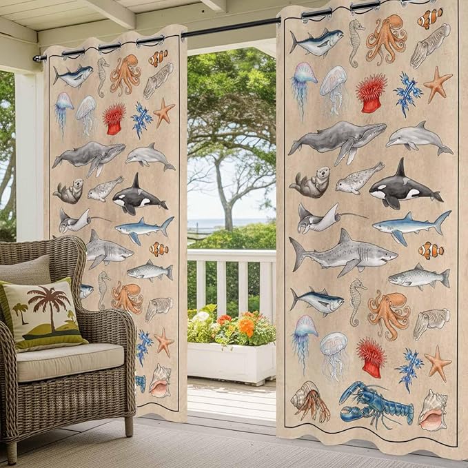 Vintage Outdoor Curtains for Patio Sharks Whales Lobsters Biographies Waterproof Outside Curtains with Grommet Top Weatherproof Curtain for Cabana Pergola Gazebo, 2 Pack, 54" W x 108" L