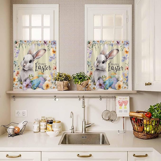 Happy Easter Kitchen Curtains Set 3 Piece for Windows,Rod Pocket Valance and Tier Set 36 Inch Length,Spring Grey Bunny Colorful Eggs Flower Brown Light Filtering Cafe Curtains for Living Room