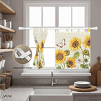 Farm Sunflowers Kitchen Curtains 36 Inch Length, Small Window Curtains Tab Top, Retro Flowers Butterfly Botanical Beige Light Filtering Short Window Treatments Tier Drapes 27.5"x36" 2 Panel